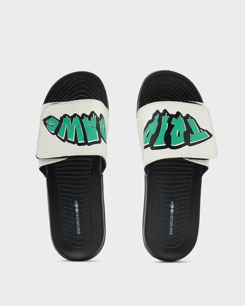 bewakoof Men's Black Trip Dawg Printed Sliders